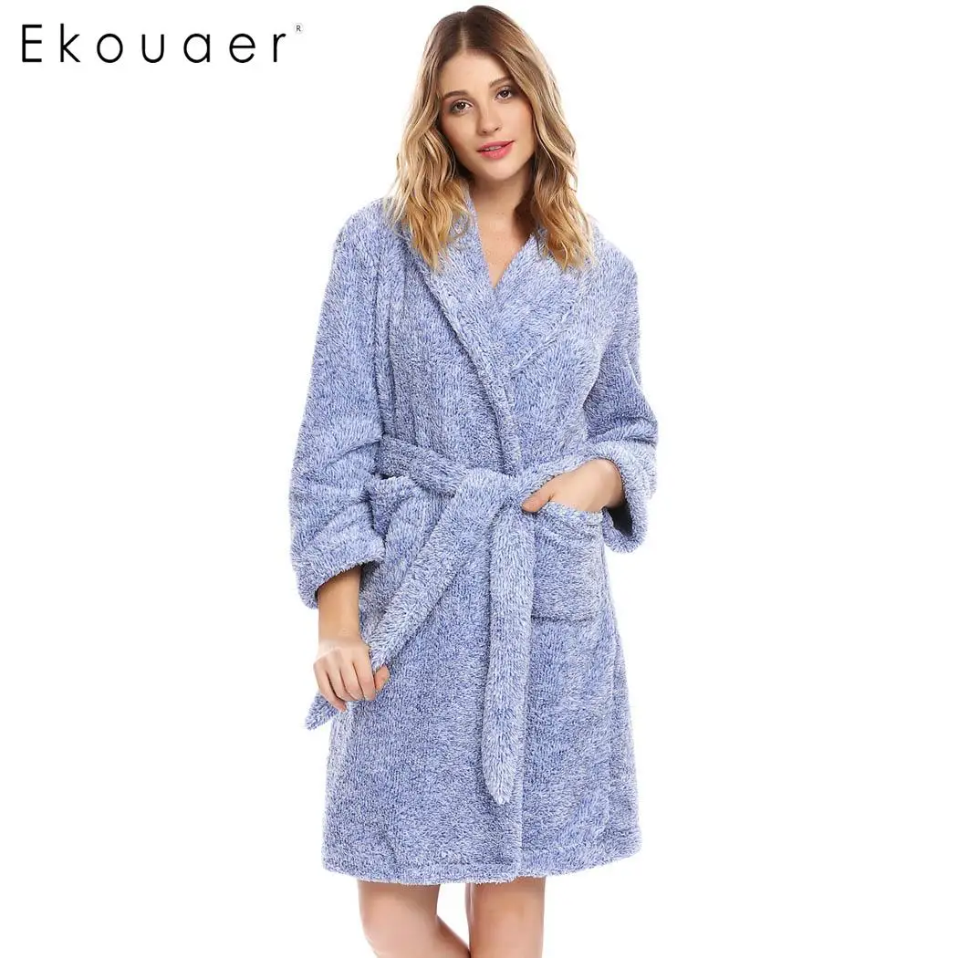 

Ekouaer Warm Soft Robes Women Kimono Plush Bathrobe Long Sleeve Shawl Collar Nightwear Spa Robe Bridesmaid Night Robes Winter