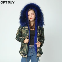 OFTBUY новая армейская зеленая камуфляжная зимняя куртка для женщин, толстая парка с большим воротником из натурального меха енота, верхняя одежда с капюшоном