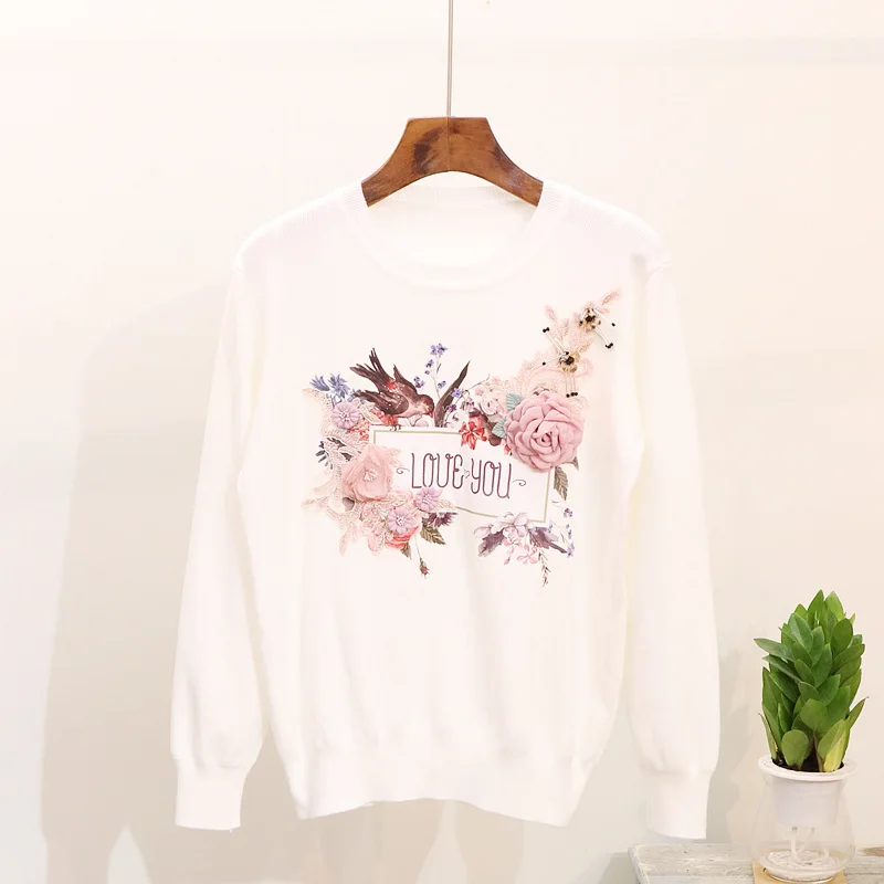 2 Pantalon Broderie Floral Chandail Costumes Jeans Tricoté Automne Pièces Ensemble Oiseaux Femmes 2018 Hiver Deux RE8xS