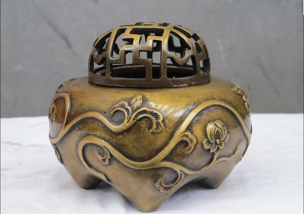 

4"China Chinese Bronze gilt sculpture petunia flower fo symbol incense burner