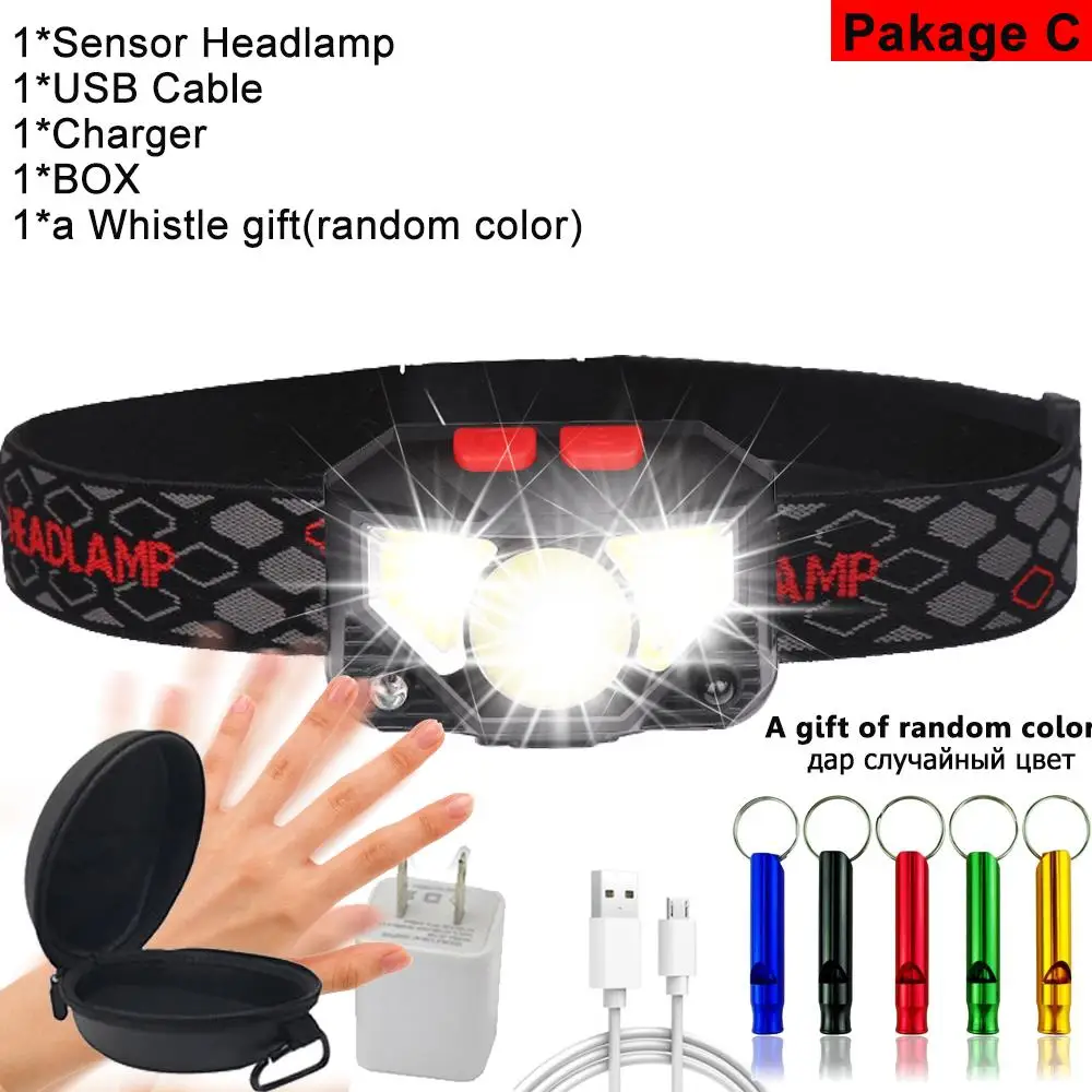 Светодиодный налобный фонарь 3000lums с датчиком движения, мощный жесткий головной убор, светодиодный налобный фонарь, встроенный Индуктивный USB Перезаряжаемый водонепроницаемый подарок - Испускаемый цвет: Package C