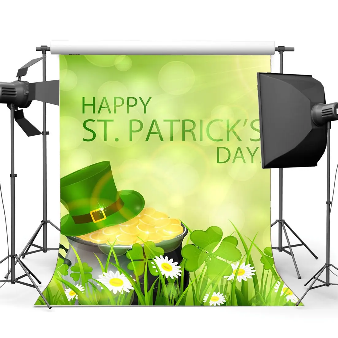 

Happy St.Patrick's Day Backdrop Lucky Irish Shamrock Green Four-leaf Clover Leprechaun's Background