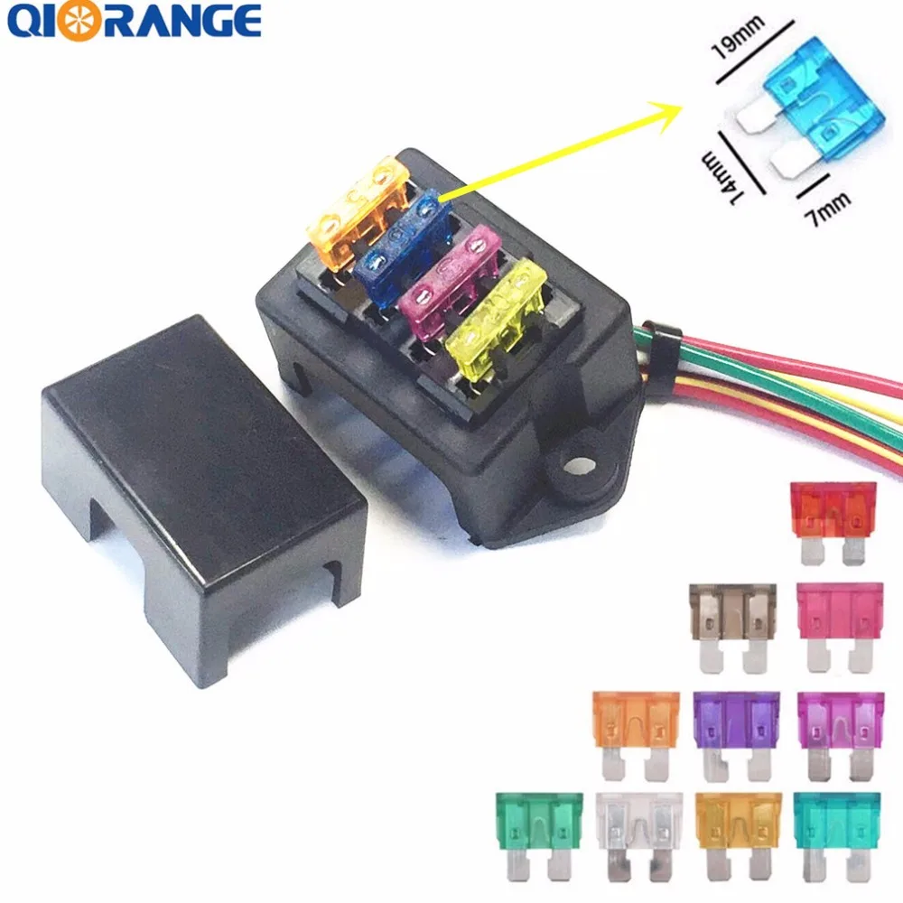 

QIORANGE Car Standard Blade Fuse Holder (1~40 AMP) 2-Input 4-Output, ATC ATO 4 Way Fuse Box with Wire +10 Free Blade Fuse