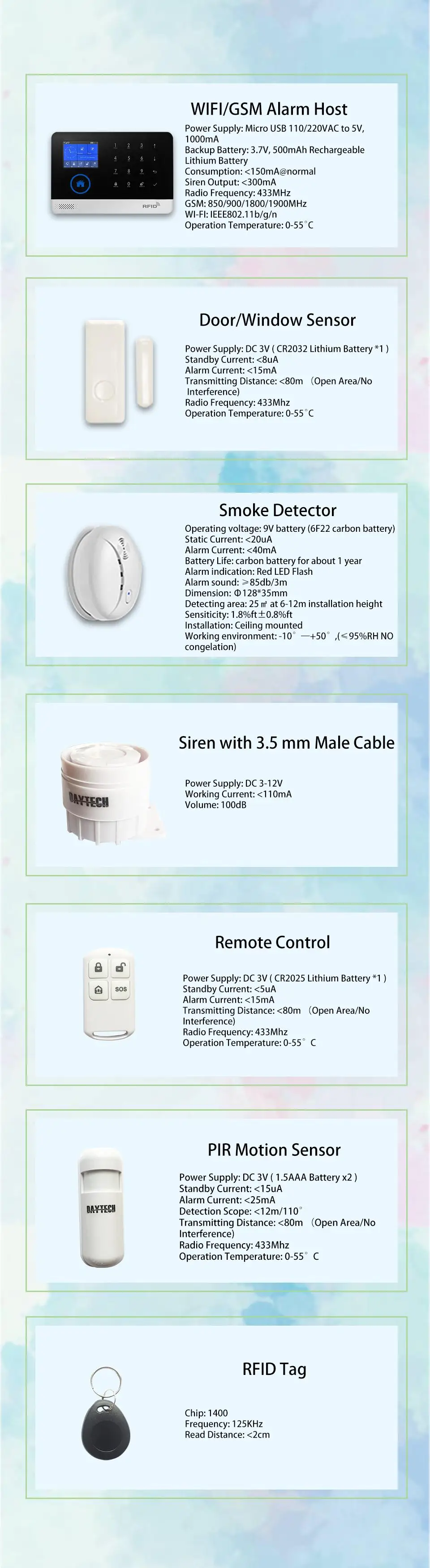 DAYTECH Беспроводная GSM домашняя сигнализация с ЖК-сенсорным экраном GPRS WiFi GSM система безопасности RFID детектор движения датчик пожарного дыма