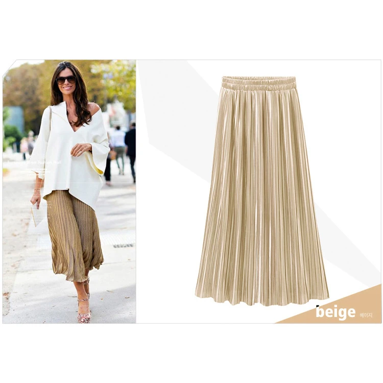 

Stretch Mid-High Waist Casual Beach Skirt Solid Color Loose Party Skirts Female 2019 Womens Fashion Vintage Pleated Skirt