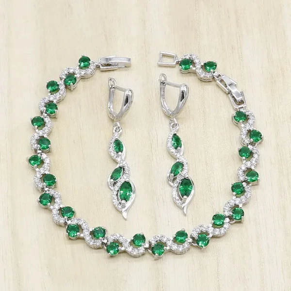 925 серебряные Свадебные Ювелирные наборы для женщин, зеленое полудрагоценное ожерелье, серьги, браслет, подарок на день рождения - Окраска металла: Bracelet Earrings