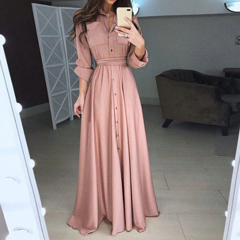 Elegant Long Shirt Dress Fashion Long sleeves Turn Down Collar button