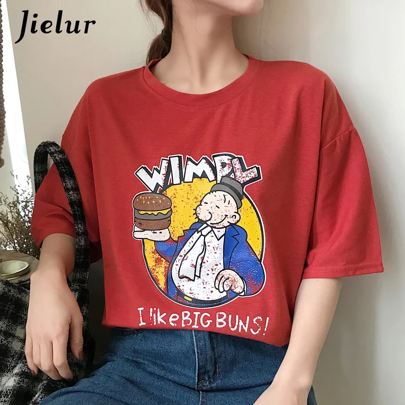 

Jielur Summer Korean Lovely Cartoon Print T-shirt Female Short-sleeved 4 Colors Women's T-shirts M-XXL Harajuku Loose Tee Shirt