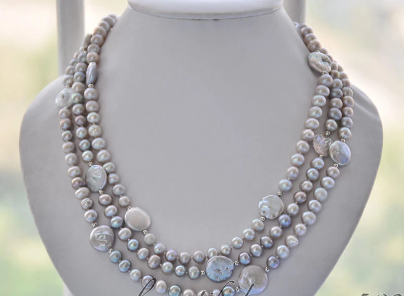 

z6669 8mm round 14mm coin gray freshwater pearl necklace 60inch AAA