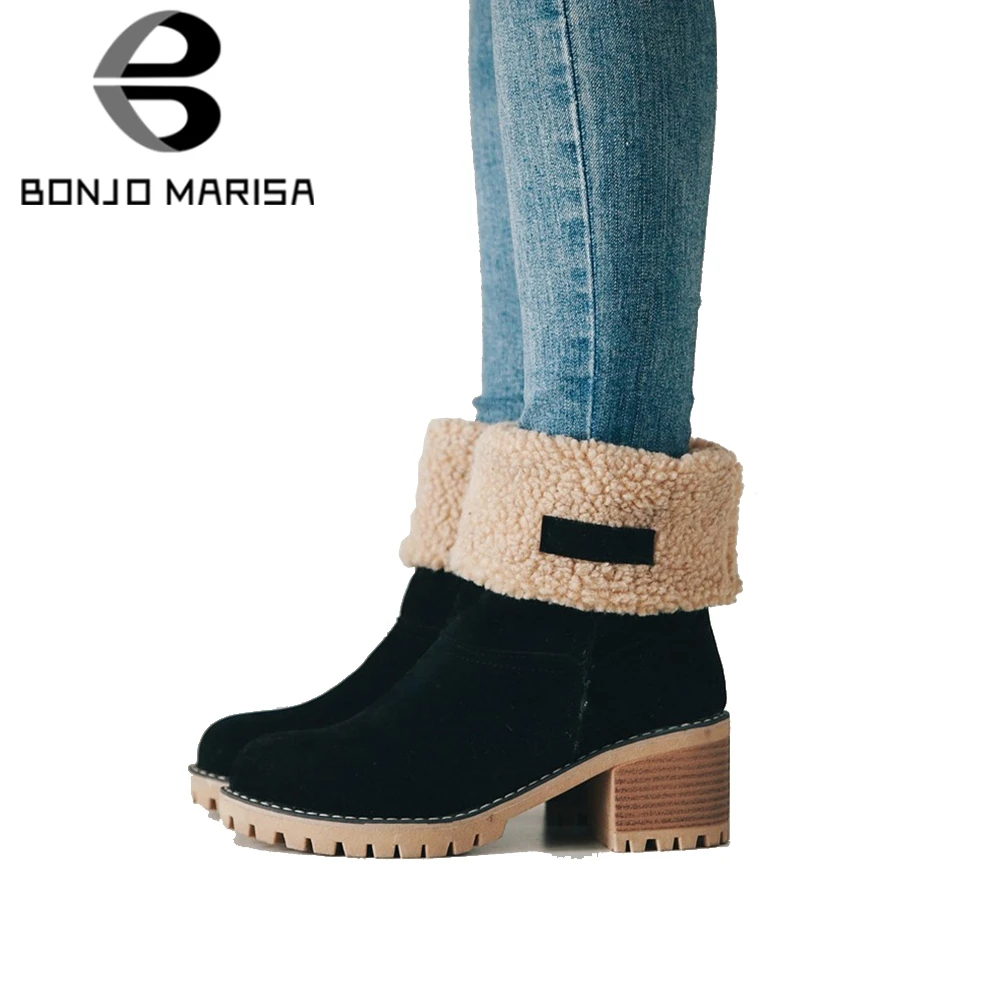 

BONJOMARISA Women's Chunky Heel Warm Fur Winter Shoes Mid Calf Snow Boots Big Size 34-43 Elegant Flock 6 cm High Heels Boots
