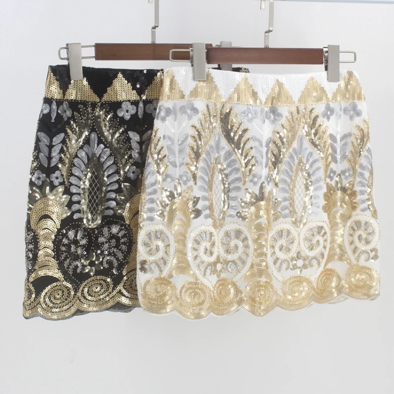 

Vintage 1920s Embroidered Floral Beaded Sequin Skirt Elastic Waist Short Saia Lapis Luxurious Women Mini Party Pencil Skirt