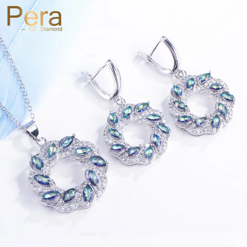 

Pera Fashion Mystic Rainbow Summer Style Jewelry Hollow Out Oval Shape Light Blue Crystal Necklace And Earrings For Women J254