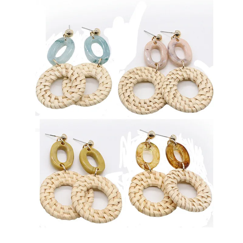 Fashion Earrings Straw Weave Rattan with Acrylic Earrings Big Round Women's Earrings Sector Wedding Trendy Dangle Jewelry ET85 (5)