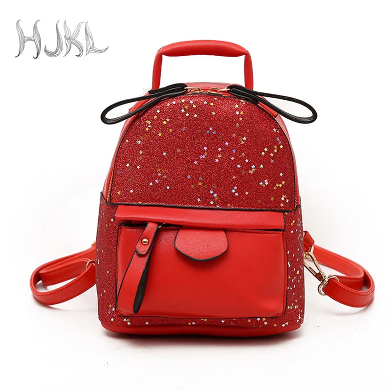 HJKL New Design Women Backpack Mini PU Leather Backpack Female Ladies Shoulder Bag Glitter Black Pink Red Backpack Purse Woman