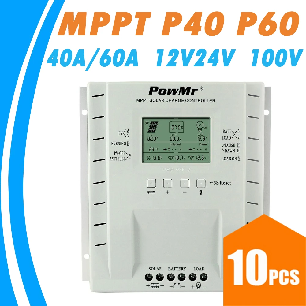 

10PCS PowMr MPPT 40A 60A 12V 24V Solar Charge Controller for Max 100V Solar Panel Input with Dual USB 5V Output Solar Regulator