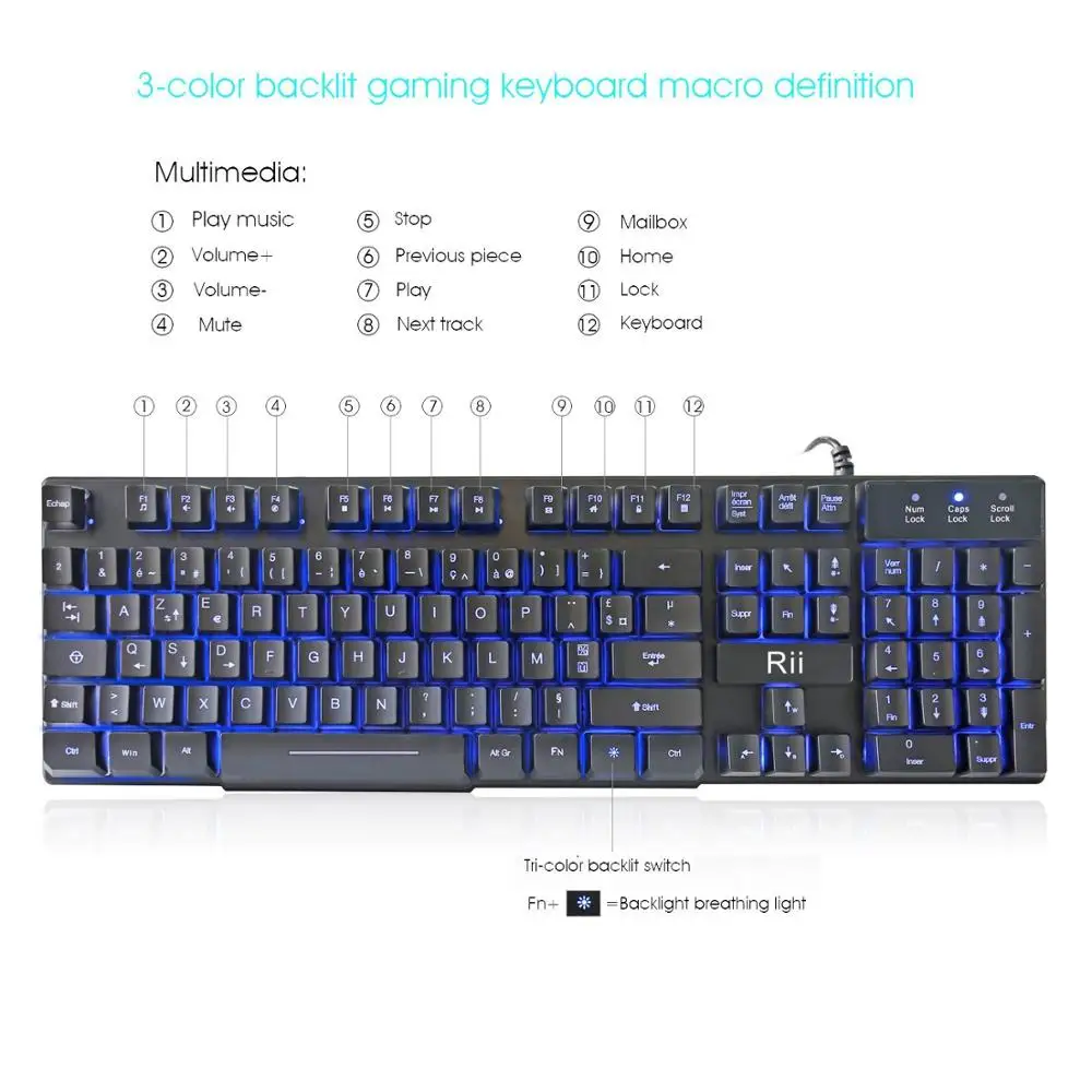  Rii RK100 3-Color LED USB Wired French(Azerty) Gaming Keyboard Mechanical-feeling (REDBlue Purple)