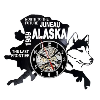 

Hollow CD Record Clock Alaska USA States City Vinyl Record Hanging Clock Antique Style Handmade Wall Decoration LED Light