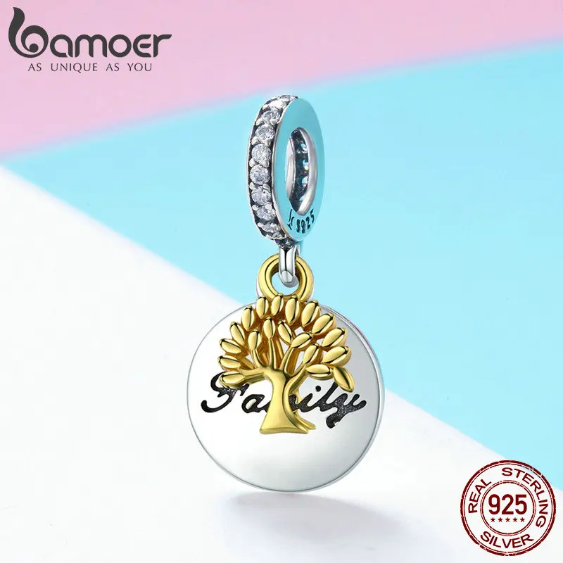 BAMOER Fashion New 925 Sterling Silver Family Tree Gold Color Tree CZ Charm fit Women Bracelets Necklaces DIY Jewelry SCC816