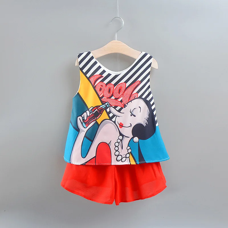 

2019 Summer Children Kids Portrait Print Sleeveless Vest Tops + Casual Shorts Sport Two Pieces Suits Baby Girls Clothing Sets