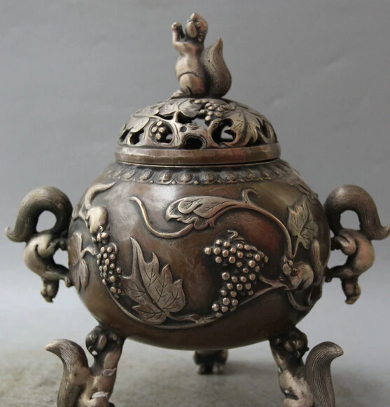 

9" Chinese Bronze Silver 3 Foot Cute Squirrel Grape Handle Incense Burner Censer R0710 Discount 35%