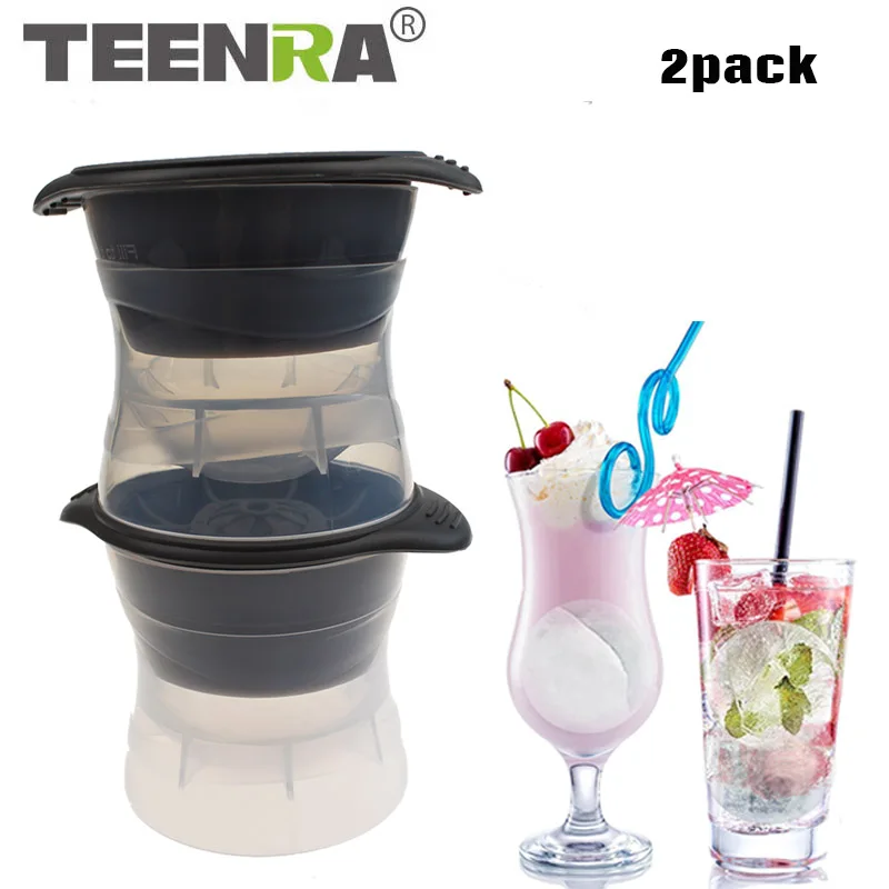 

TEENRA 2Pcs/set Round Sphere Ice Mold Silicone Ice Cube Ball Maker Silicone Ice Cube Tray PP Whisky Drink Beverage Kitchen Tools
