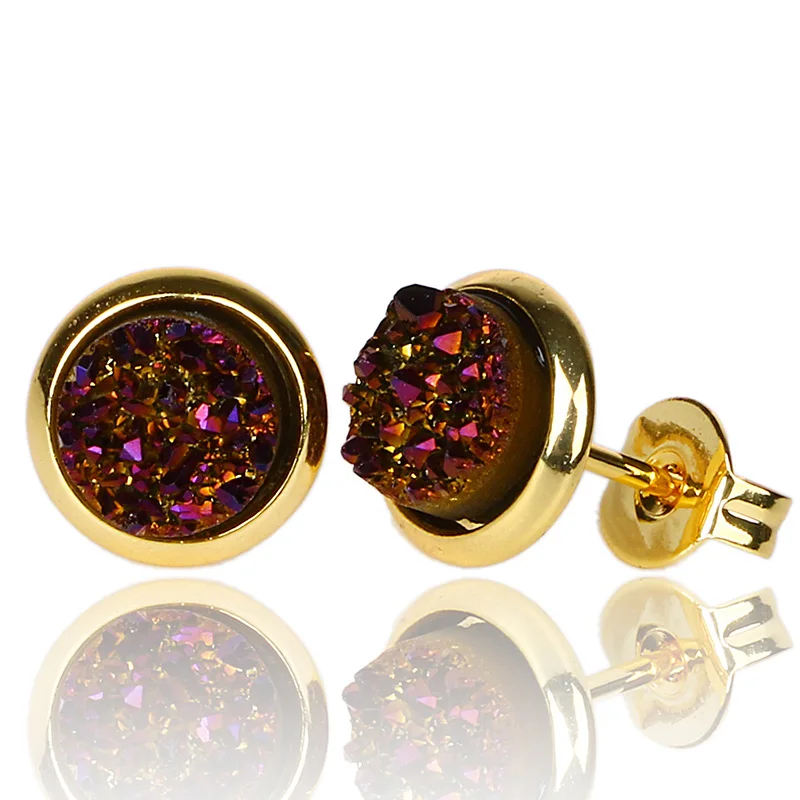 Золотые серьги с необработанными кристаллами Druzy, 8 мм, круглые серьги с натуральным камнем, 10 цветов, чакра, титановый опал, серьги-гвоздики Geode для женщин - Окраска металла: Purple