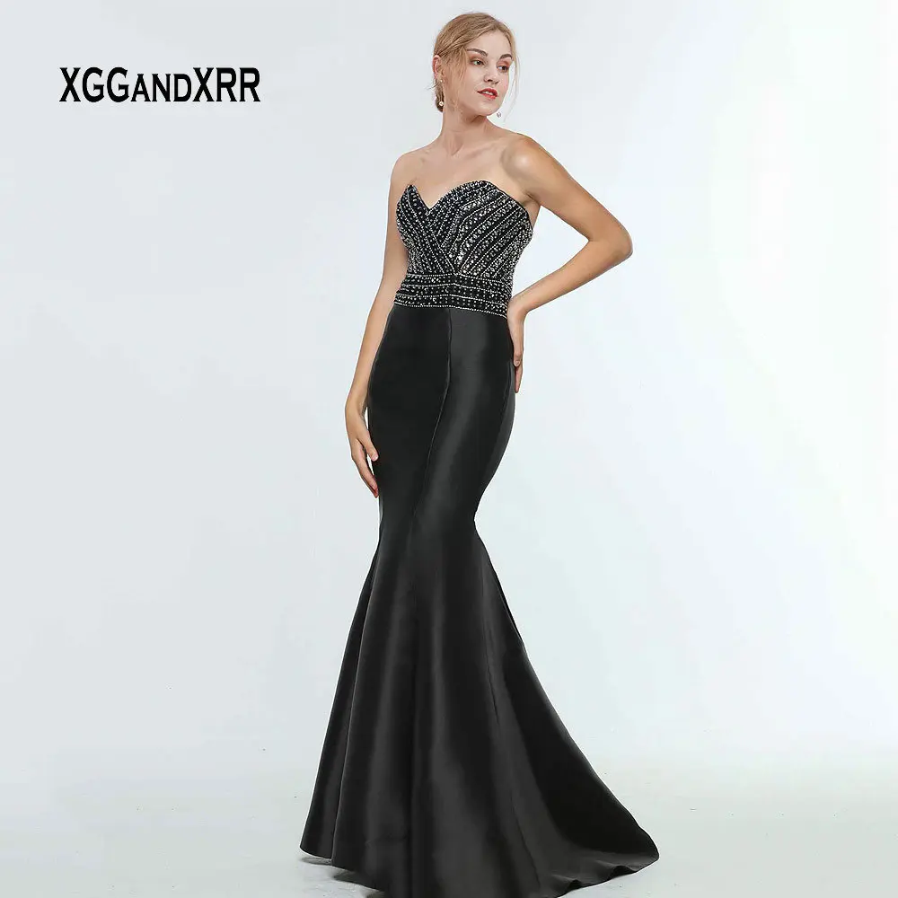 

Elegant Black Mermaid Evening Dress 2019 Sweetheart Off Shoulder Backless Luxury Beading Long Formal Satin Dress Woman Plus Size