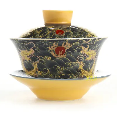 Китайский традиционный чайный набор gai wan Dehua gaiwan, набор керамических горшков с драконом, ретро большие чаши, покрытые чайными чашами, кунг-фу с чайными чашками - Цвет: Зеленый