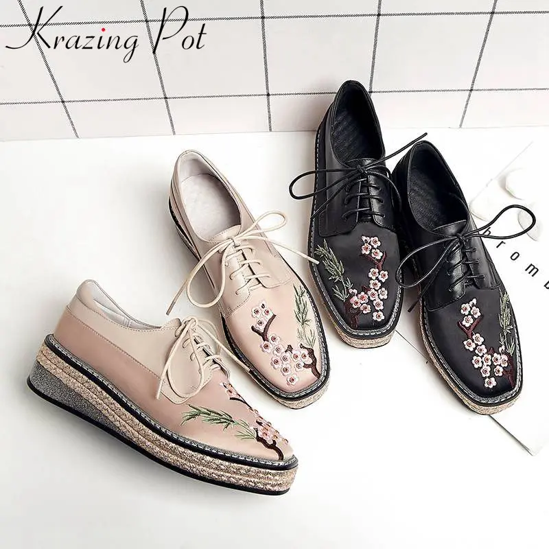 

Newest mixed colors flowers embroidery cow leather satin patchwork square toe lace up pumps med bottom platform casual wear L35