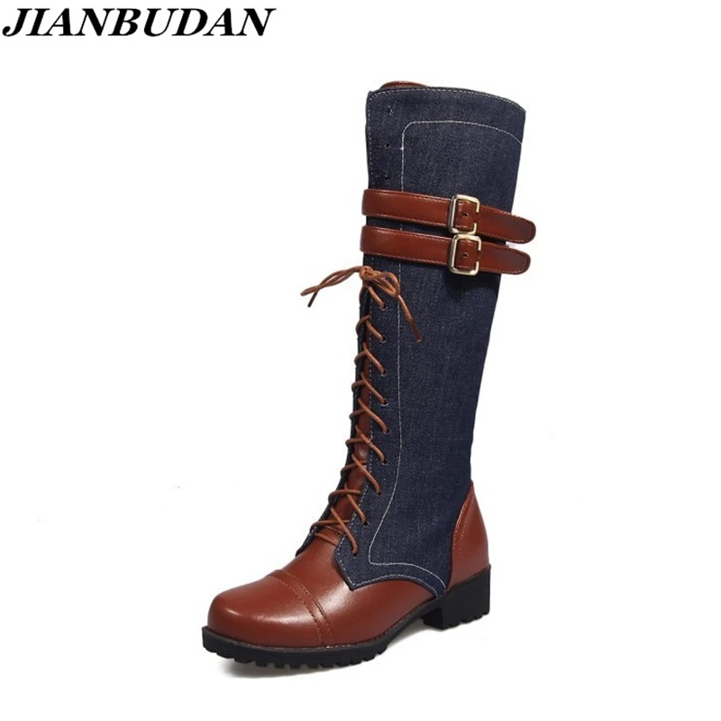 

Fight mid calf autumn motorcycle boots belt buckle fashion denim women boots zippered sexy knight boots