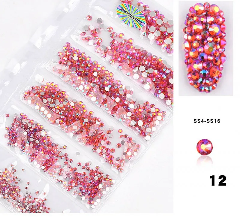 1300 шт Смешанные Стразы для ногтей 1,5-3,8 мм плоская задняя конструкция Стразы для ногтевого дизайна украшения 3D Маникюр для ногтей аксессуары 6 размеров - Цвет: 12
