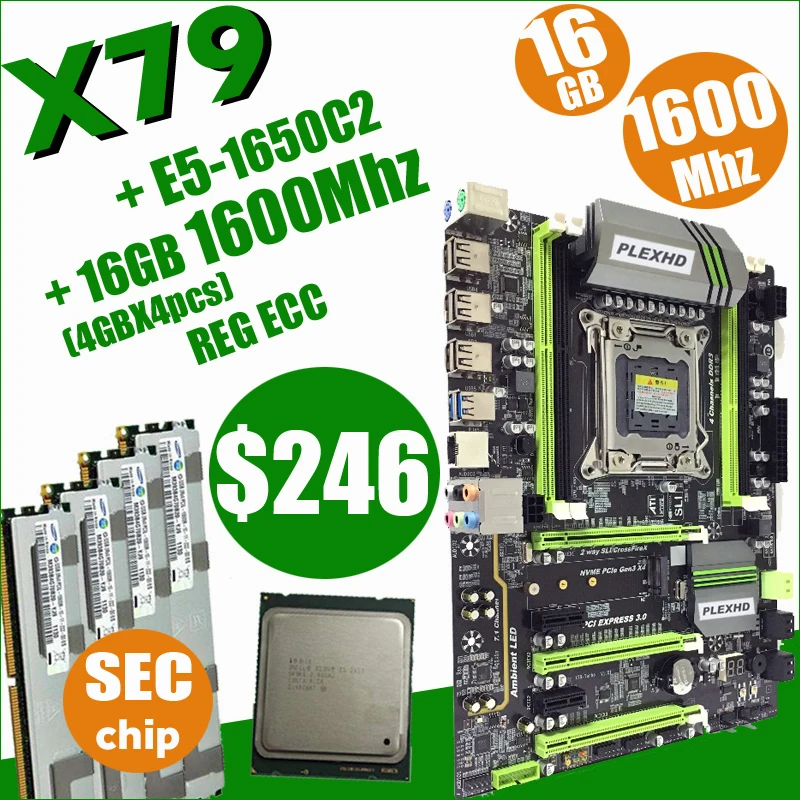 

PLEXHD X79 motherboard LGA2011 ATX combos E5 1650 C2 (4pcs x 4GB) 16GB PC3 12800R 1600Mhz PCI-E NVME M.2 SSD SATA3 USB3.0