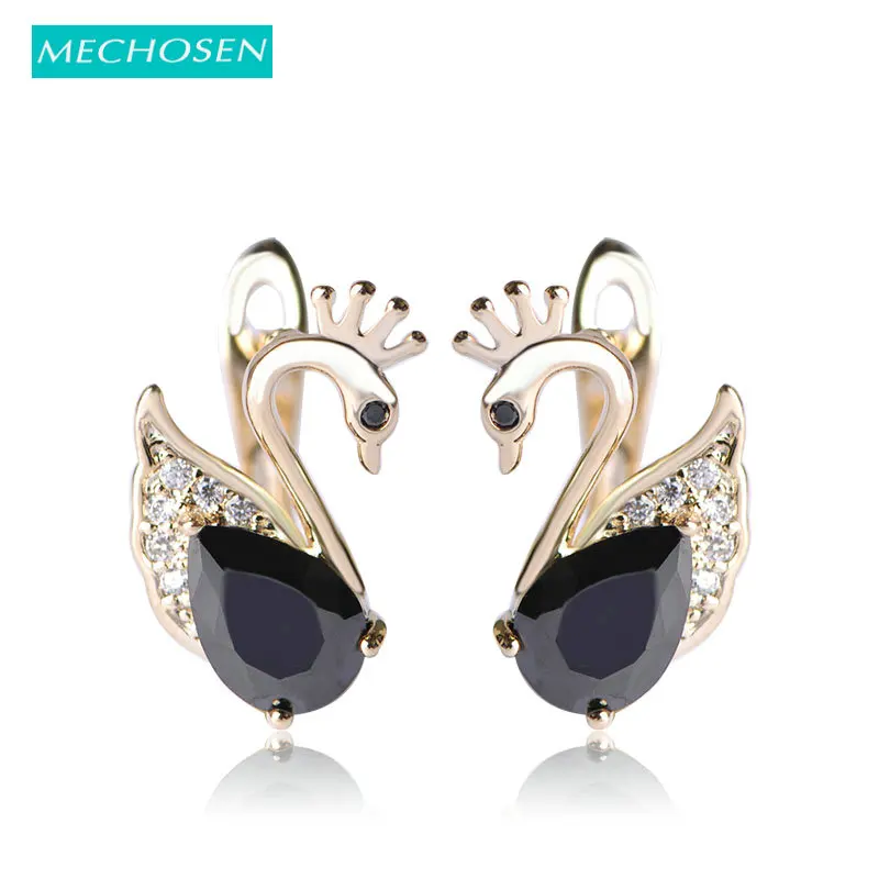 MECHOSEN милый лебедь форма английский замок застежка серьги для женщин Девушка Черный Стразы двуокись циркония Brinco Золото Цвет Букле д 'ореиль