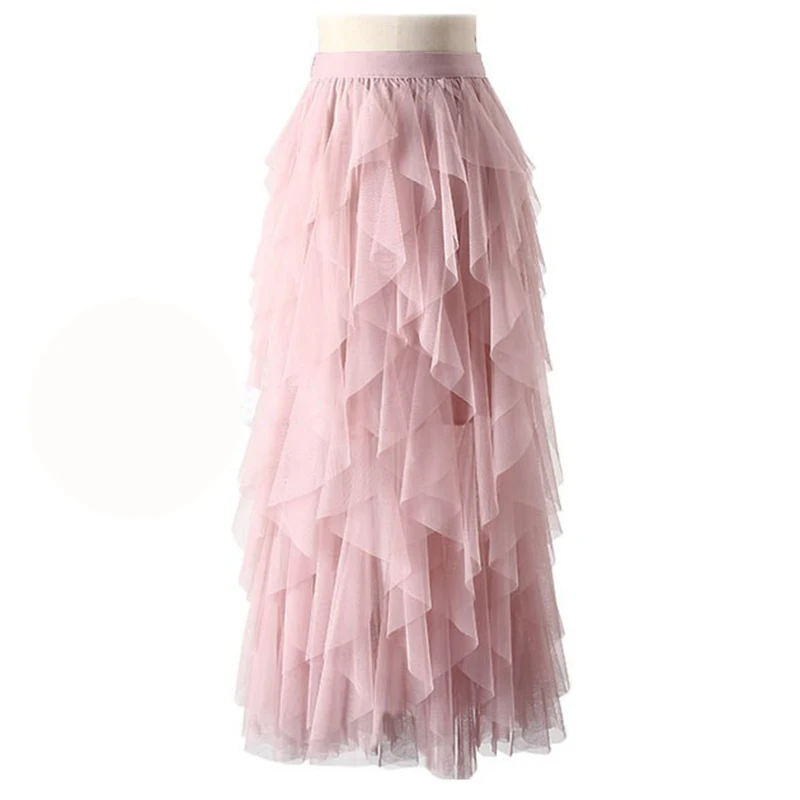 

Lace Tulle Skirt Women 2019 Korean Fashion High Waist Elegant Long Maxi Skirt Female Mesh Tiered Irregular Pleated Skirts