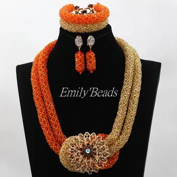

Lovely Wedding Gift Set Orange/Gold African Crystal Party Beads Jewelry Necklace Set Bridal Necklace Set Free Shipping ALJ614