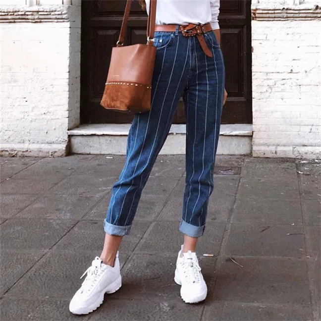 Для женщин узкие полосатые джинсы с полосками Высокая талия узкие модные джинсы для женщин в синюю полоску джинсовые штаны джинсы женские