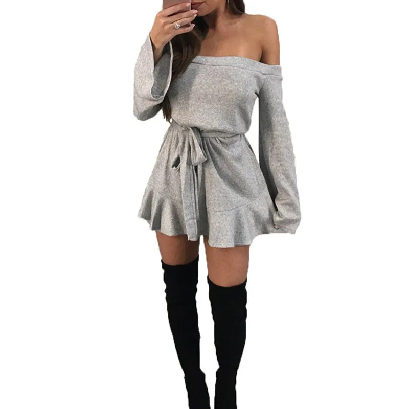 Женское трикотажное платье свитер с открытыми плечами длинным рукавом|dress women