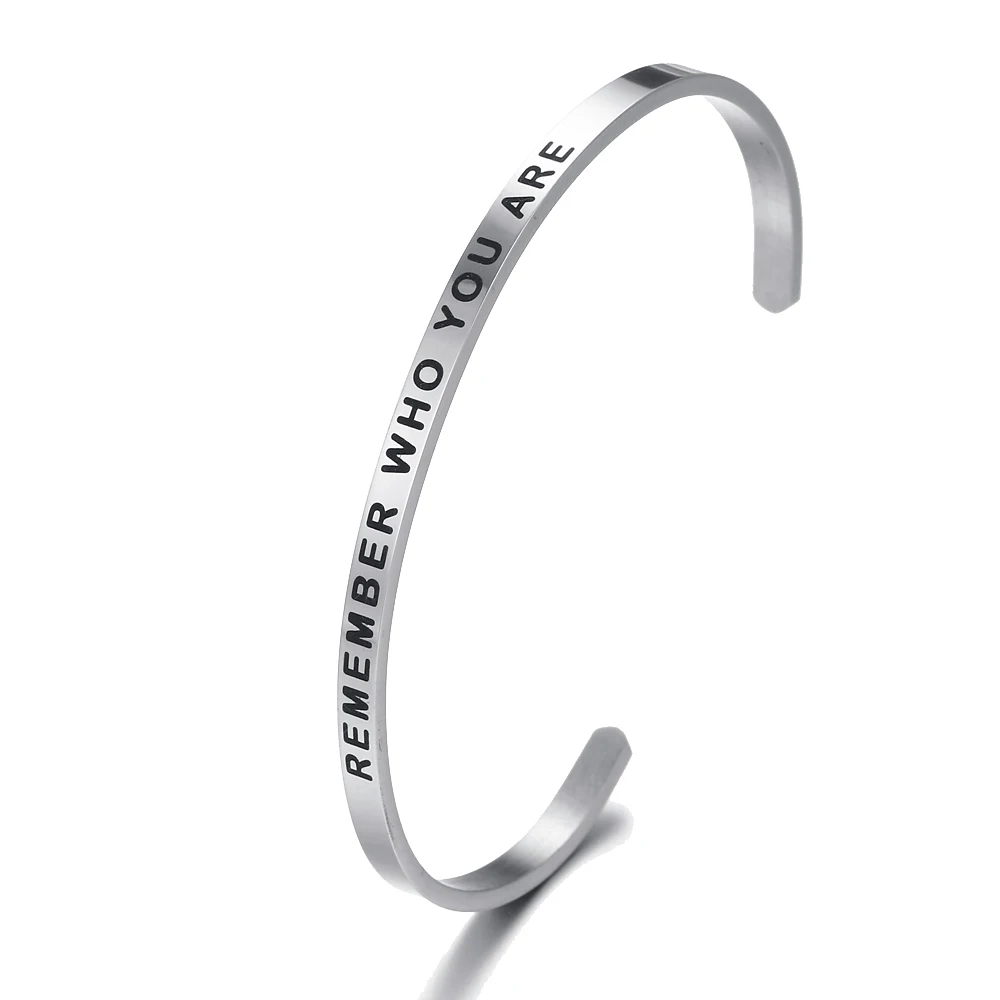 

4MM Stainless Steel "REMEMBER WHO YOU ARE" Inspirational Message Personalized Bracelet Initial Engraved Cuff Bangle Jewelry