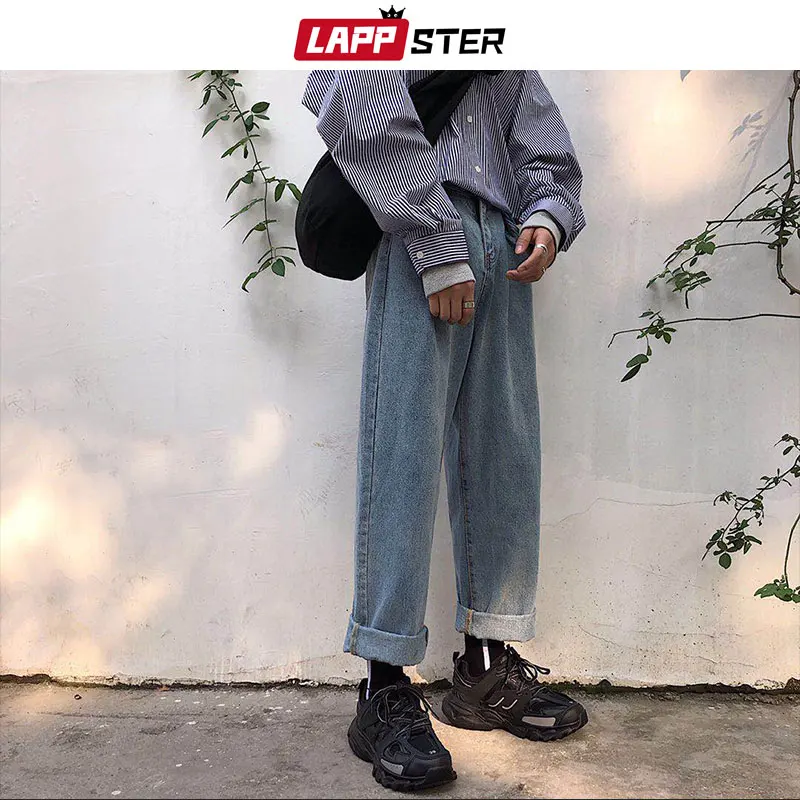 LAPPSTER прямые синие джинсы для мужчин 2020 мужские Harajuku уличные винтажные джинсовые