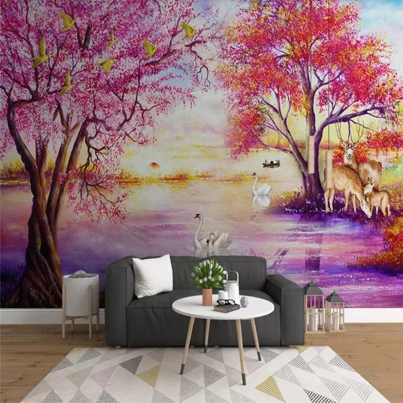 European forest tree tree elk swan lake wall professional production murals, wallpaper wholesale, custom poster photo wall European forest tree tree elk swan lake wall professional production murals, wallpaper wholesale, custom poster photo wall