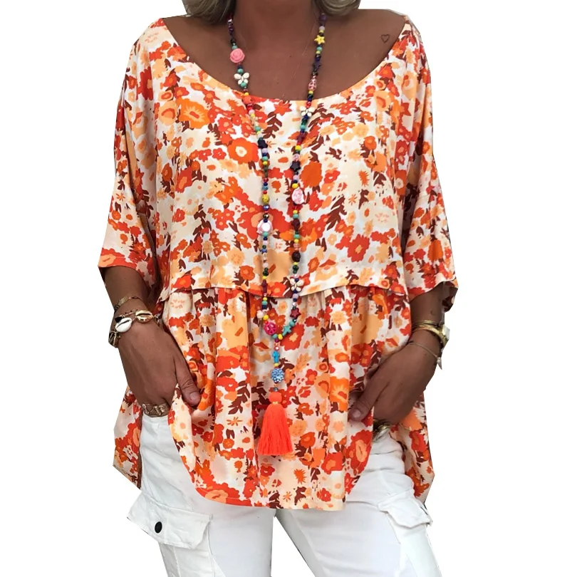 

Women Blouses Thin Fabric Shirt 5XL Plus Size Tops Casual Loose O Neck Blouse Spring Summer Beach Oversize Print Blusas Mujer