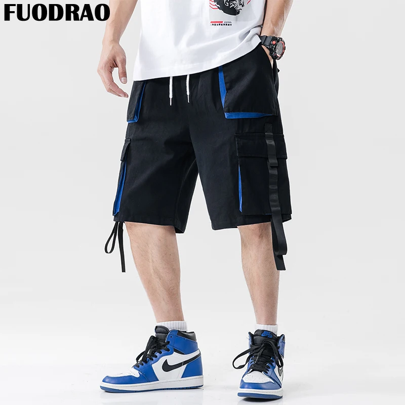 FUODRAO Японии Стиль мужские шорты Карго сбоку ремень карманы летние шорты Для мужчин хип-хоп Уличная Свободное длинное платье с длинными рукавами брюки D022