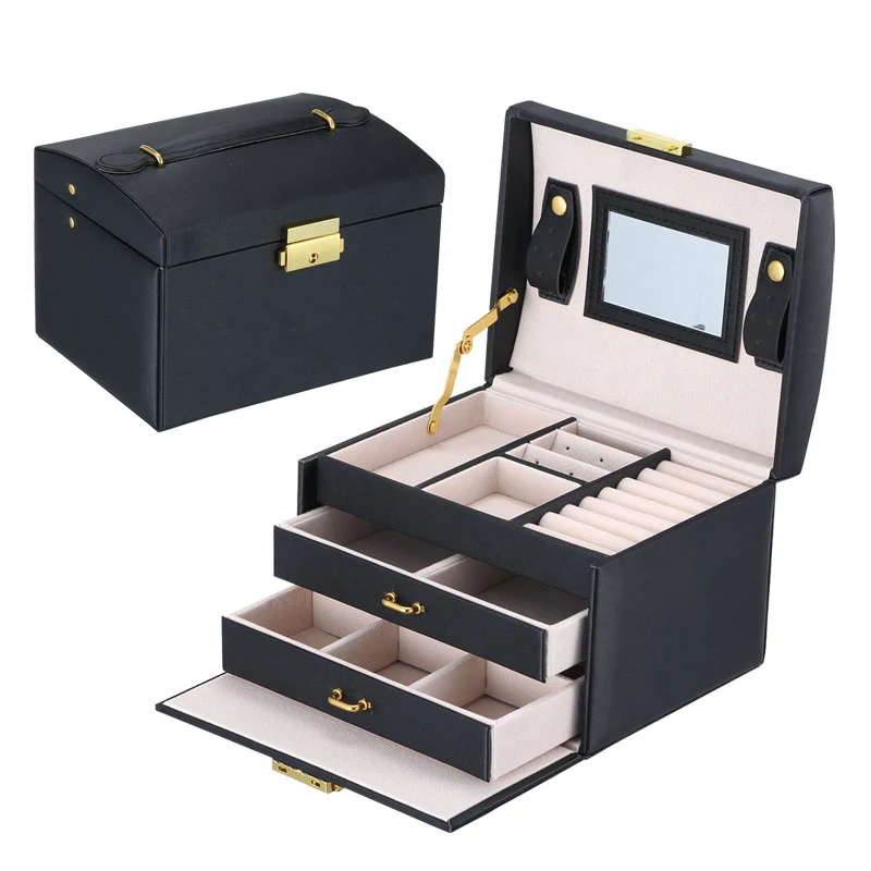 Cosmetic Organizer Jewelry Packaging Box Lockable Makeup Storage Case Organizer with Lift-Up Lid Mirror and Drawers