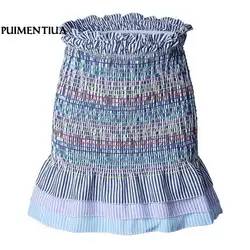 Puimentiua Лето 2018 г. высокая талия цвет полосатые юбки для женщин Повседневное эластичный пояс оборками короткая юбка модная пляжная