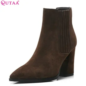 

QUTAA 2019 Cow Suede Fashion Women Ankle Boots Platform Elastic Band Square High Heel Winter Boots Women Boots Big Size 34-40