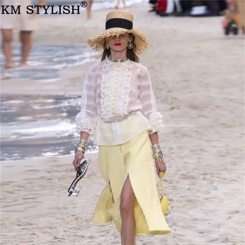 

2019 Summer New Style Fresh Fashion Women's Slim Round Neck Ruffle Flare Sleeve Light Yellow Wooden Ears Shirt Tops