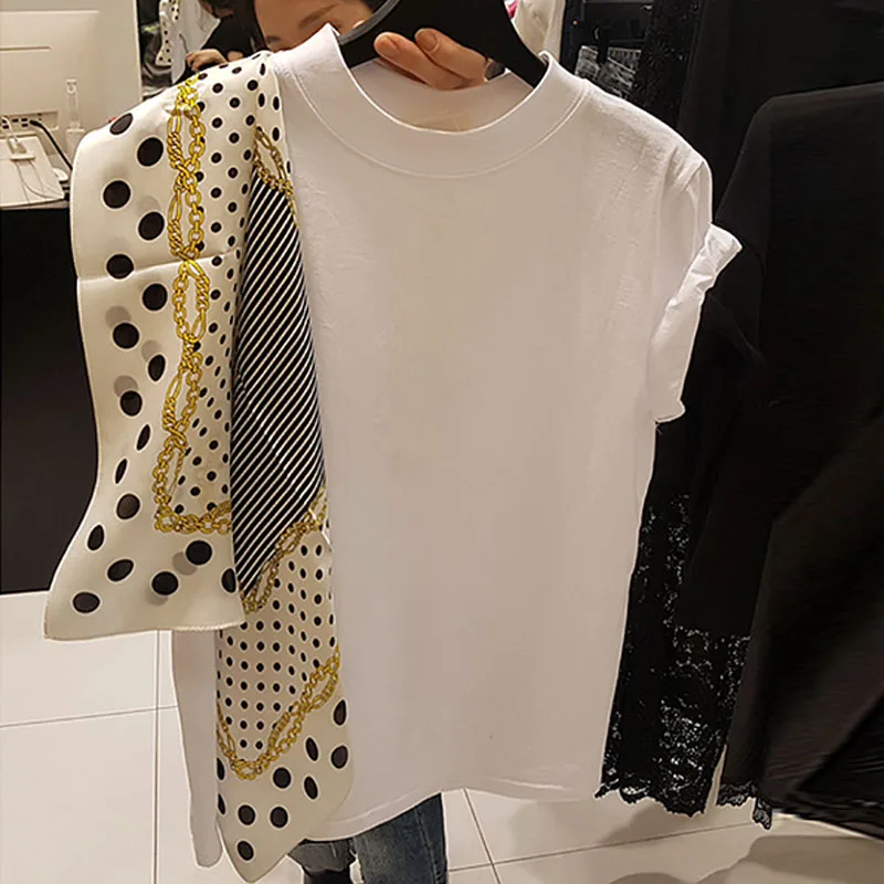 

women's elegant T shirt polka dot silk scarf stitching short-sleeved casual loose Chic Japan T-shirt Korean fashion Tees GD017