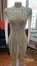 Shiny Large Crystals Mesh Sexy Bodysuit Shiny Chain Rhinestone Fringe Outfit Club Night Party Wear See Through Costume
