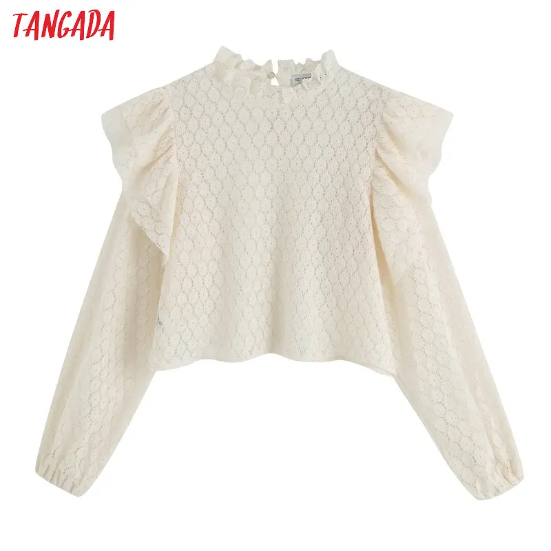 

Tangada women stylish beige blouse lace long sleeve O neck ruffle see through shirt female causal tops blusa BE555