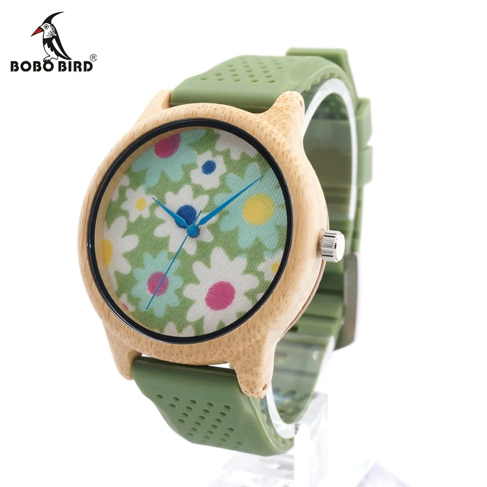 BOBO BIRD CaB04 Soft Green Silicone Band Bamboo Wood Watches for Women Flowers Cloth Dial Casual